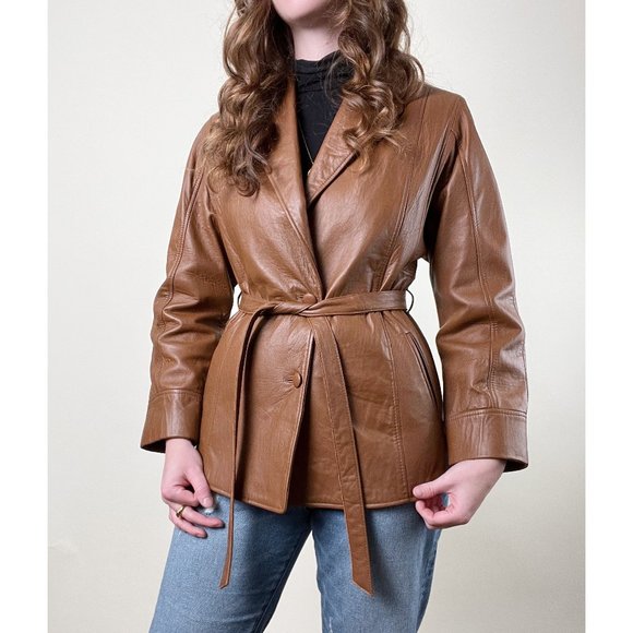 Vintage Jackets & Blazers - Stunning Vintage Leather Belted Utility Bomber Peacoat Jacket Field Trench Coat